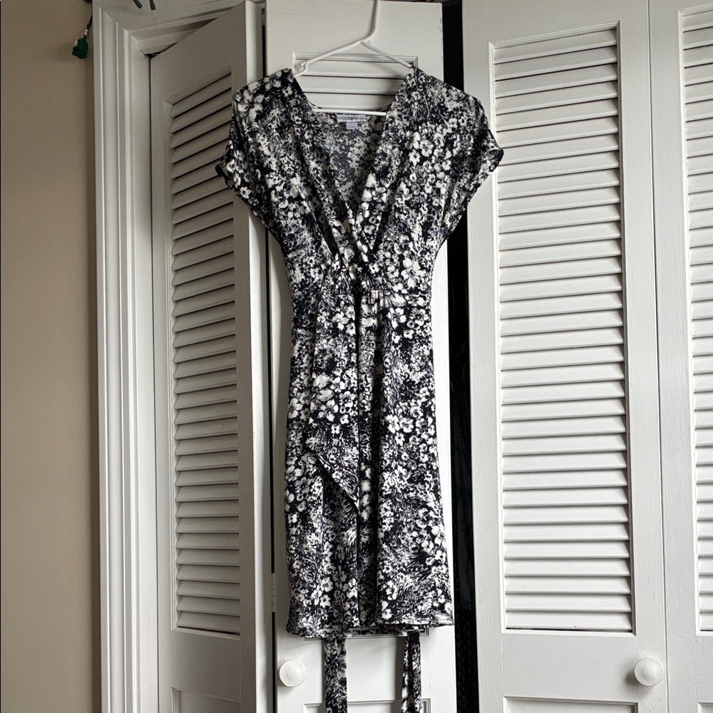 Ann Taylor LOFT Black & White Floral Wrap Midi Dress